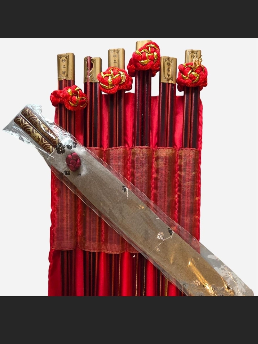 Set of 7 Pairs of Decorative Wood Chopsticks with Fabric Roll Case
